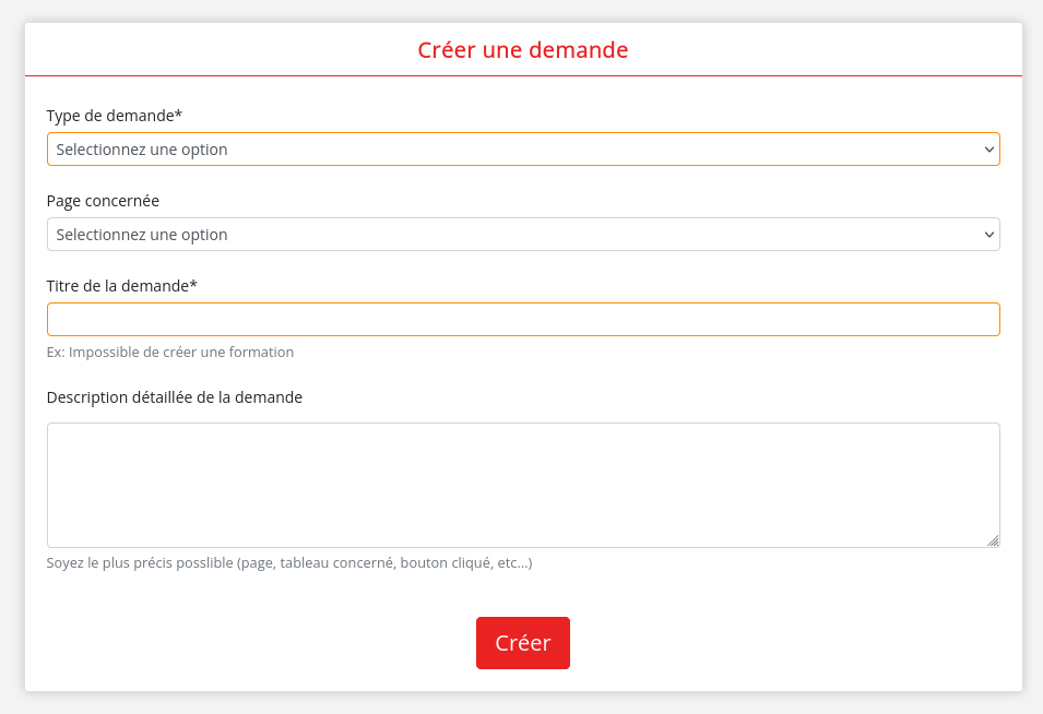 Formulaire de création de demande