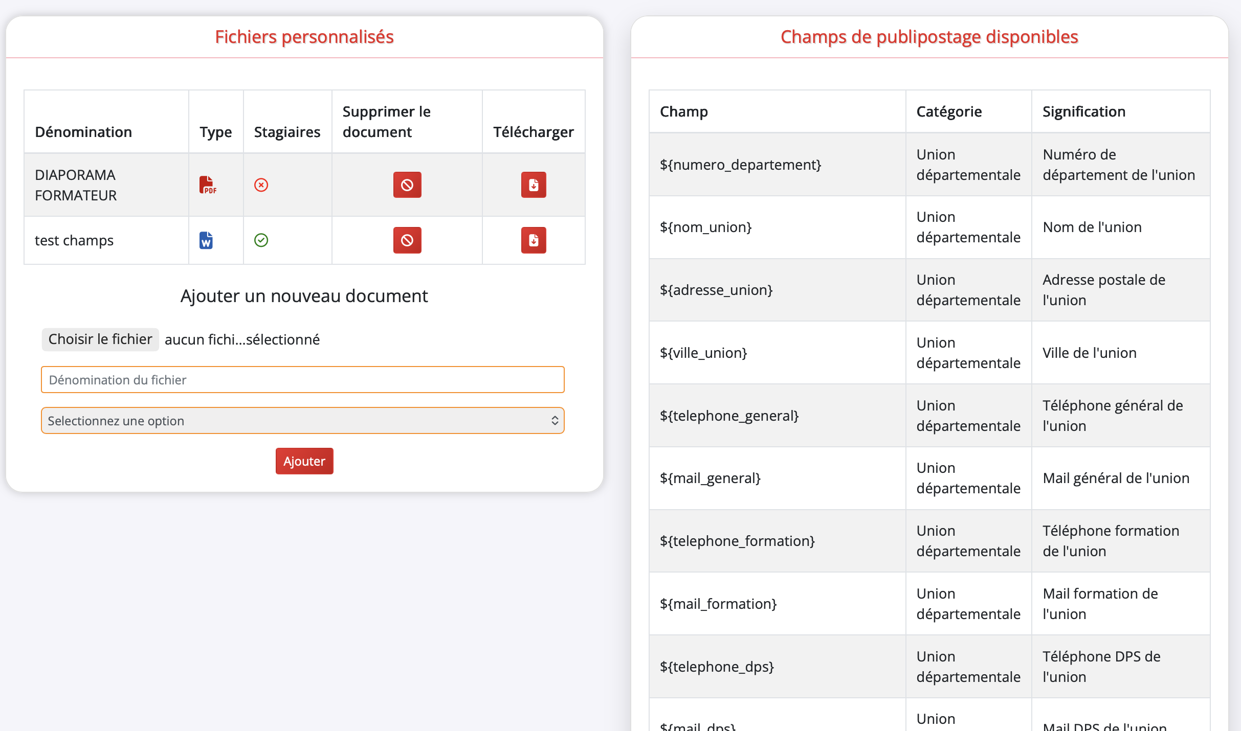 Page de personnalisation des dossiers formation
