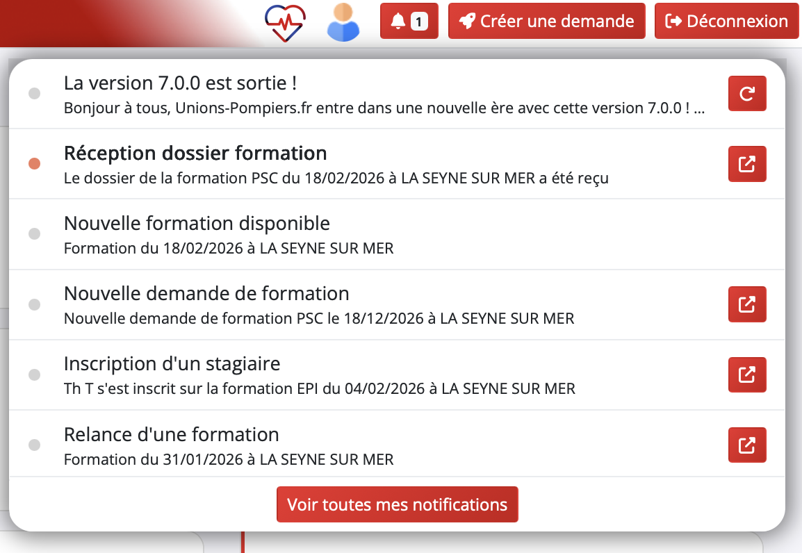 Menu déroulant des notifications