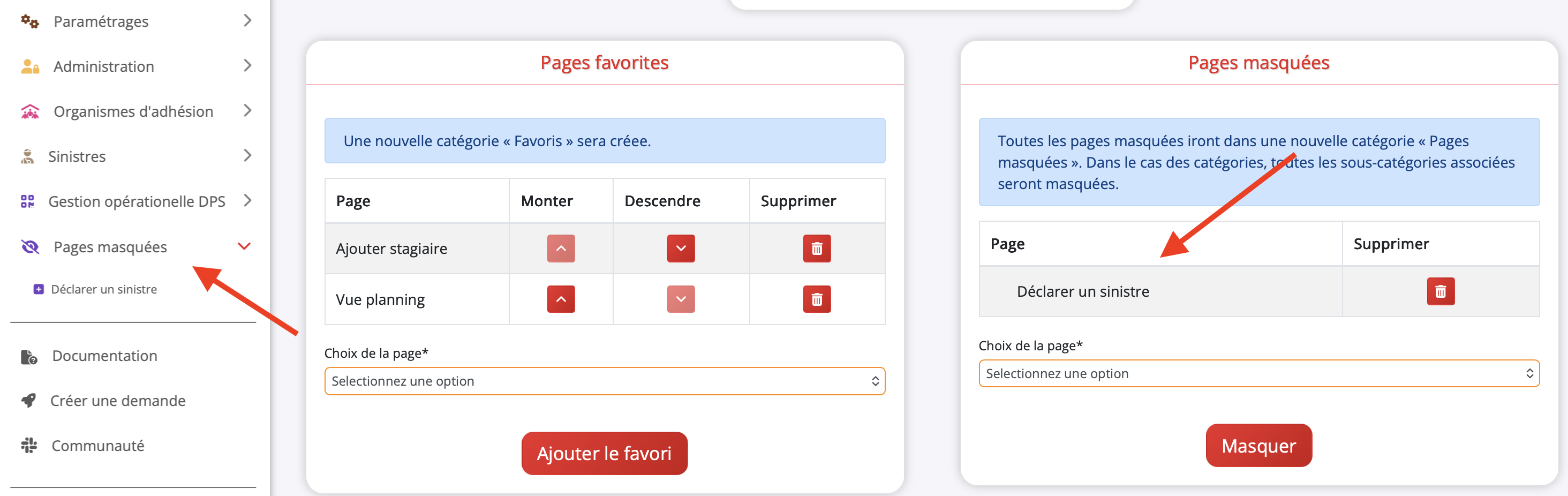 Page de personnalisation de l'interface