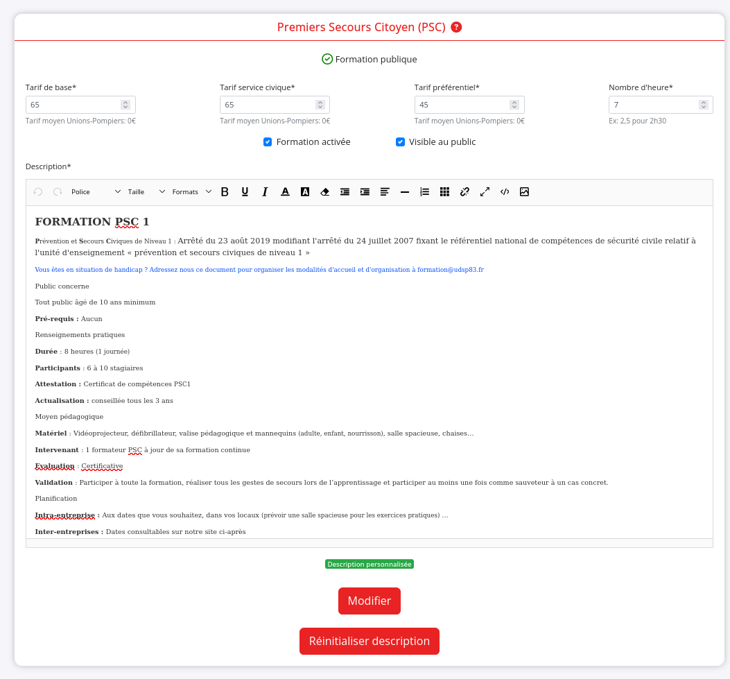 Afficher informations formations